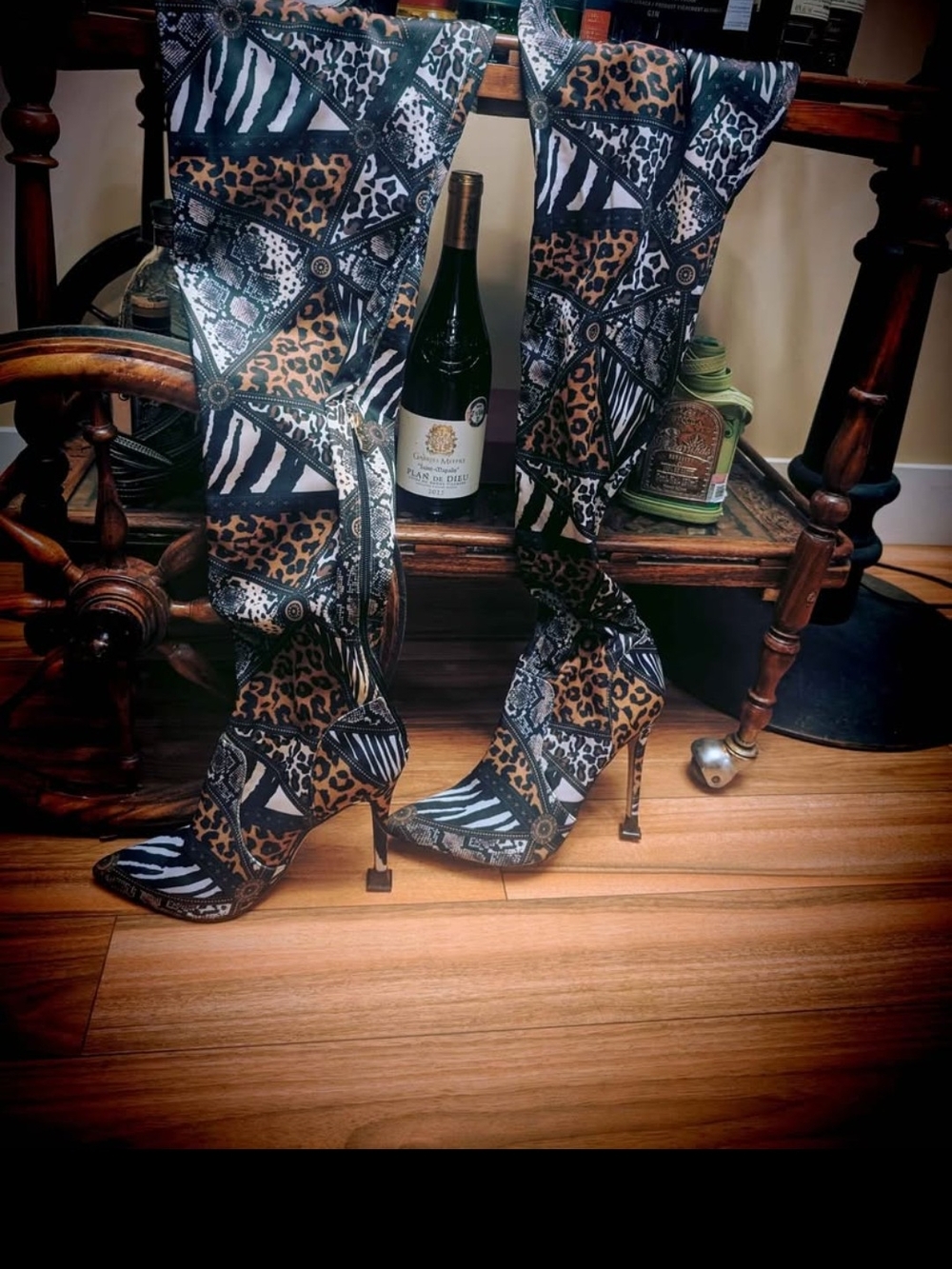 Leopard & Zebra Patchwork Stiletto Knee-High Boots - Women's Fashion
